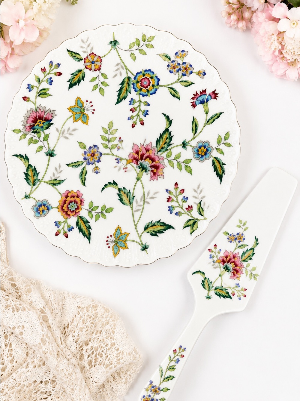 Vintage Andrea by Sadek Floral Cake Plate & Server Set Made in Japan